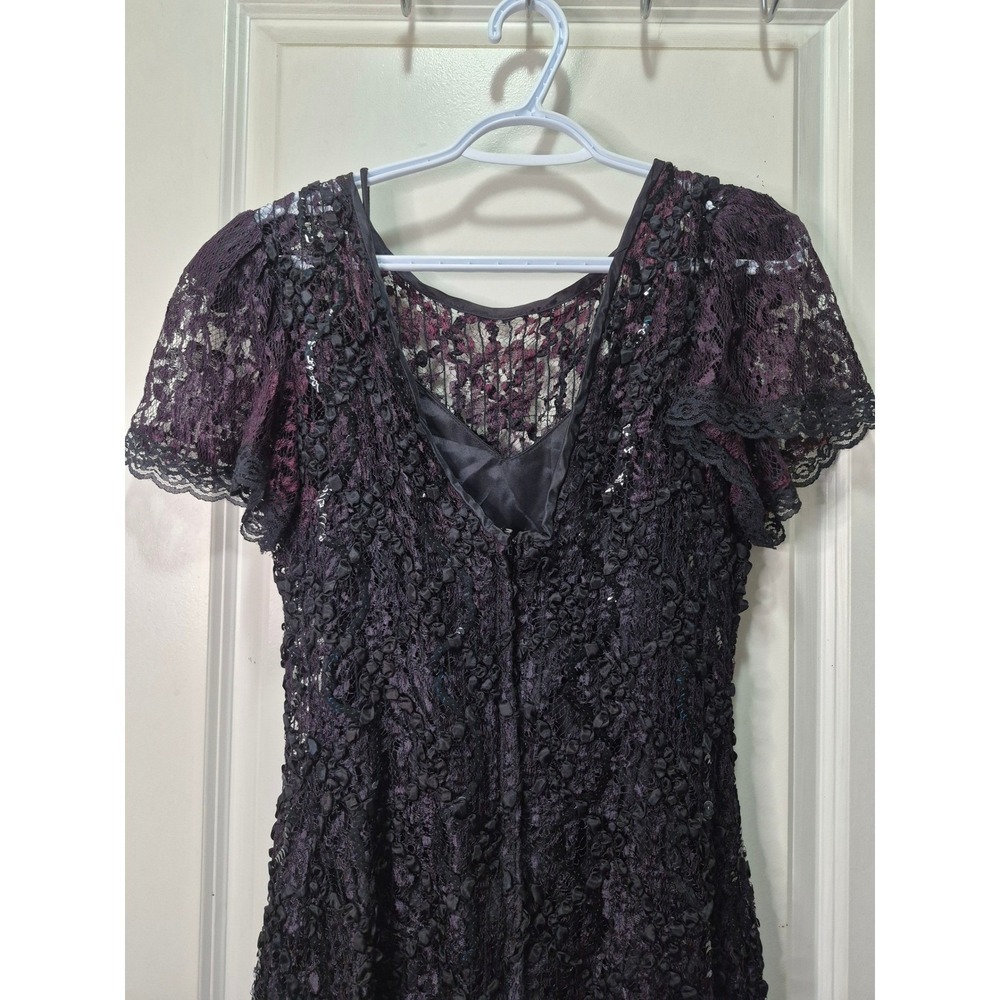 Vintage Black Purple Lace Sequin Ribbon Rosette Evening Gown Tea Length Dress - Picture 4 of 12